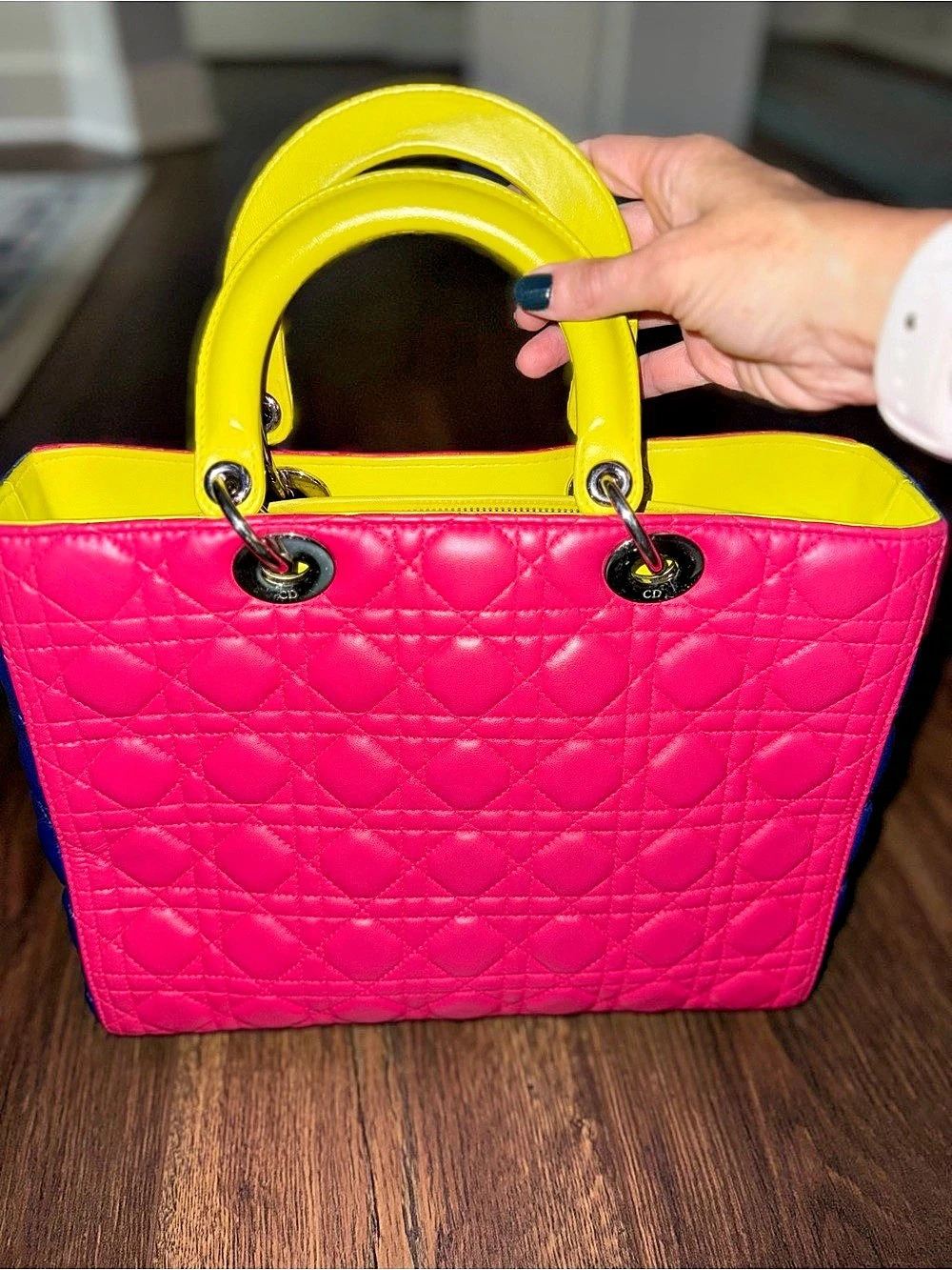 Christian Dior Large Tri-Color Lady Dior Tote Pink & Yellow